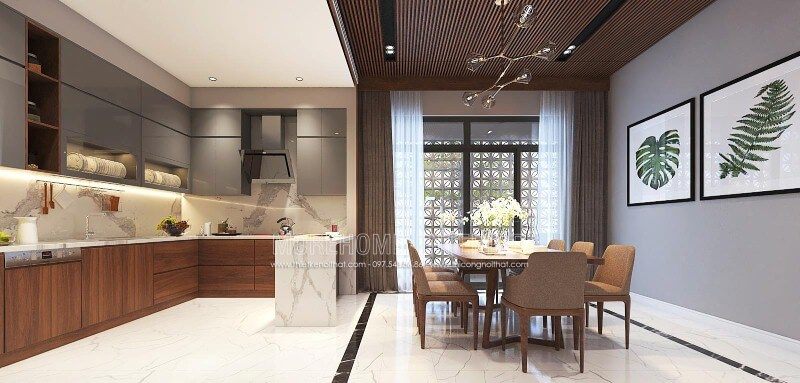 Thiết kế nội thất phòng bếp liền phòng ăn đẹp, hiện đại, tinh tế cho biệt thự, nhà phố tại Vinh, Nghệ An.
