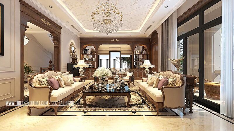 Mẫu bàn trà gỗ đẹp màu nâu trầm kết hợp với bộ sofa da tân cổ điển mang đến vẻ đẹp sang trọng, đẳng cấp cho phòng khách.