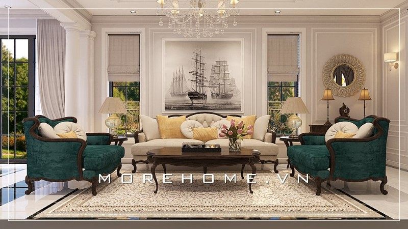 Phòng khách biệt thự được thiết kế với phong cách tân cổ điển gỗ óc chó đẹp tiện nghi và sang trọng.
